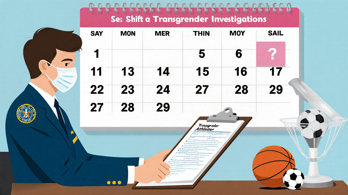 Masked investigator reviewing Title IX clipboard with transgender athlete calendar and sports equipment behind