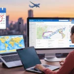 Traveler sits at desk with laptop screens showing flight search results while a map highlights routes with sunset background.