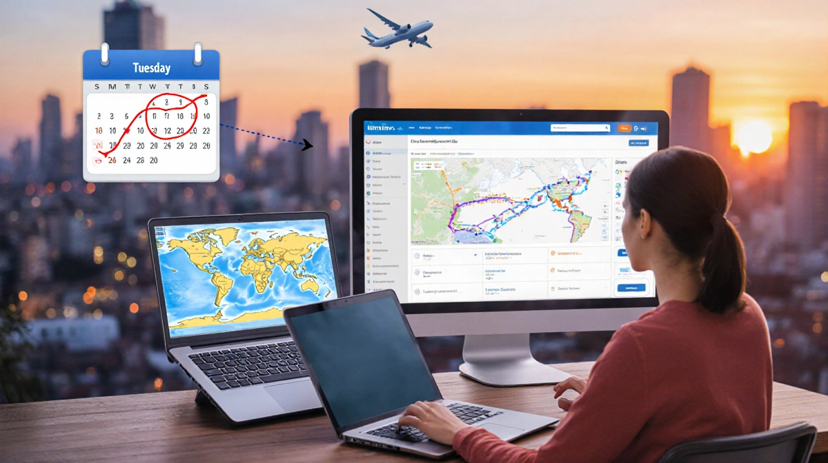 Traveler sits at desk with laptop screens showing flight search results while a map highlights routes with sunset background.