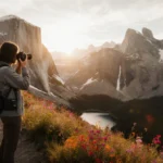 Hiker stands on mountain trail with camera in hand and golden sunset over wildflowers and lake