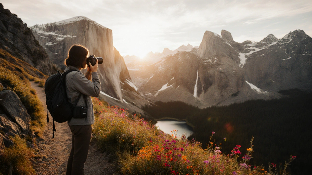 Hiker stands on mountain trail with camera in hand and golden sunset over wildflowers and lake