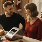 Travis Kelce and Taylor Swift sit together at a decorated table with a glowing Christmas tree and warm holiday lighting