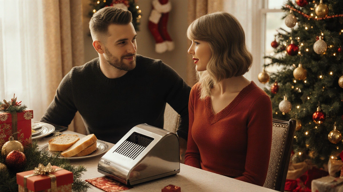 Travis Kelce and Taylor Swift sit together at a decorated table with a glowing Christmas tree and warm holiday lighting