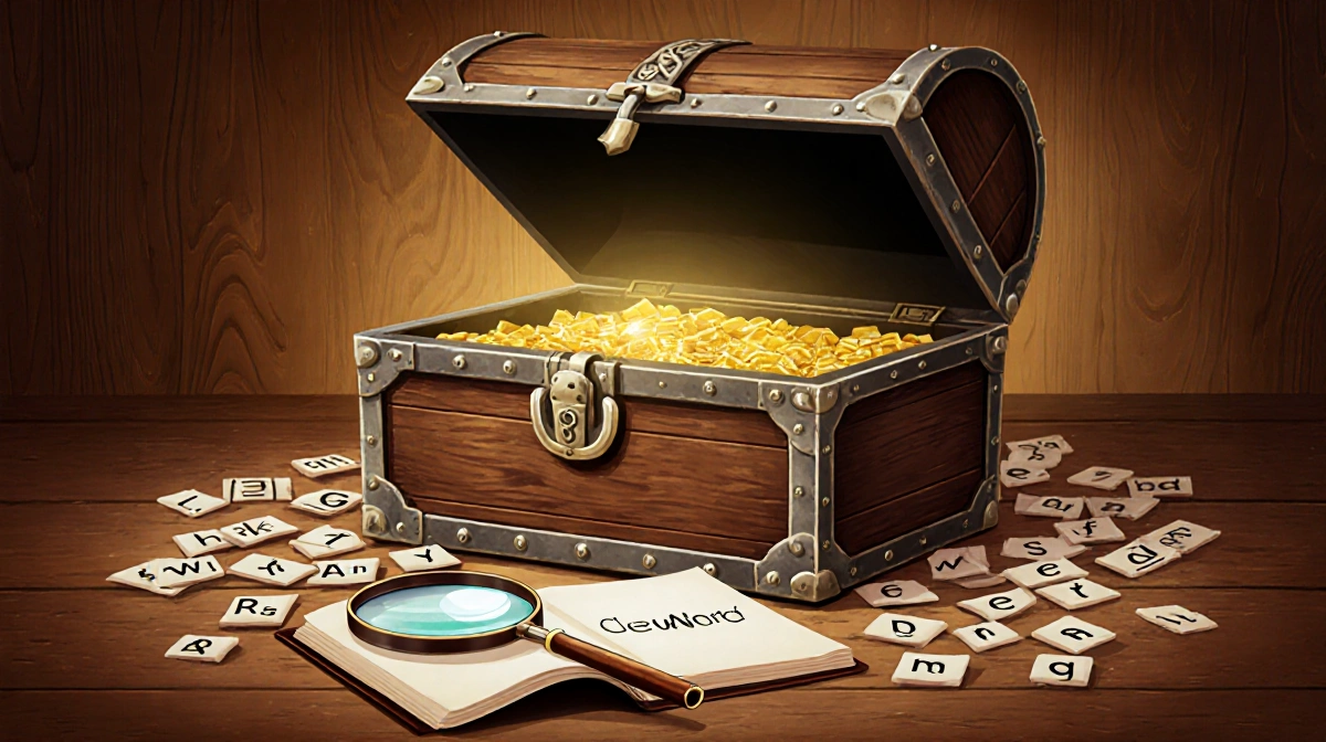 Treasure chest opens revealing glinting gold with magnifying glass and notebook near a clue