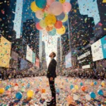 Treb Heining balloon king poses with 3000‑pound drop surrounded by colorful balloons and confetti in Times Square.