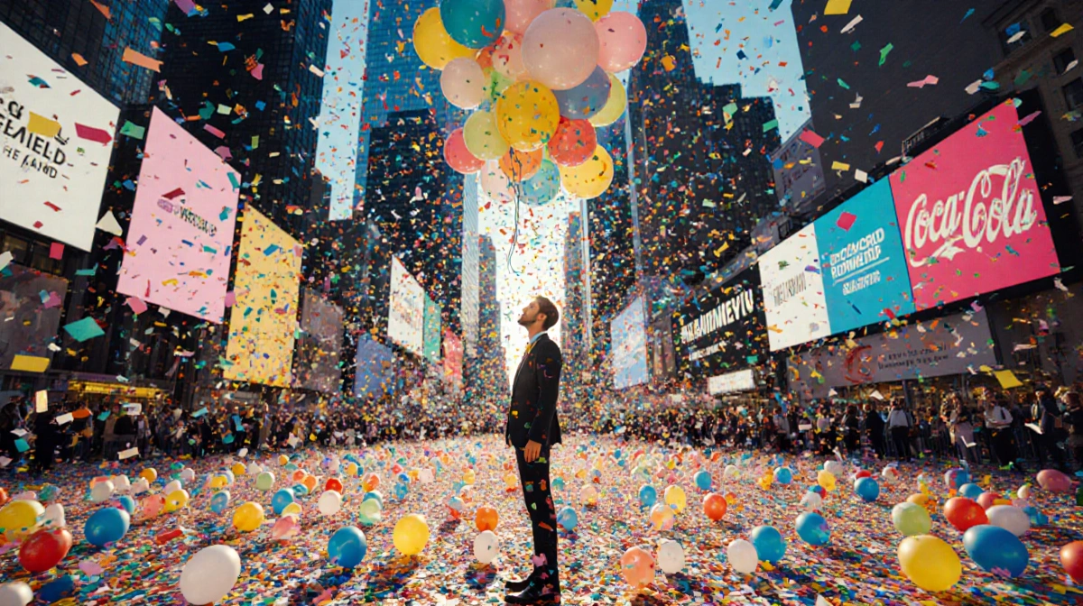 Treb Heining balloon king poses with 3000‑pound drop surrounded by colorful balloons and confetti in Times Square.