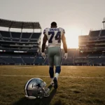 Trevon Diggs walking away from AT&T Stadium with helmet on ground and fading sunset lighting the empty field.