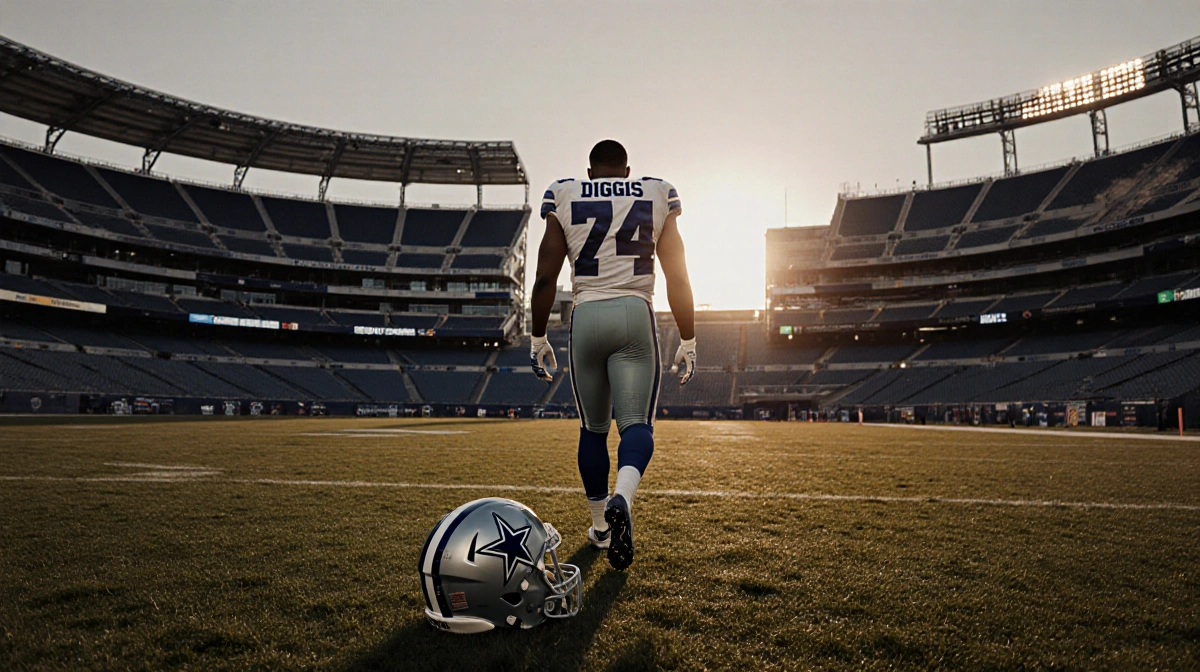 Trevon Diggs walking away from AT&T Stadium with helmet on ground and fading sunset lighting the empty field.