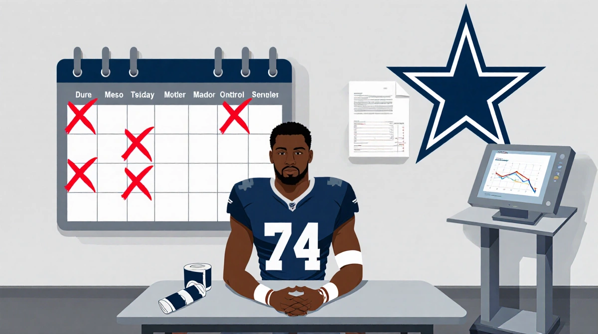 Trevon Diggs sits on a medical table with X-rays and bandages a calendar shows missed workouts and Cowboys logo behind him.
