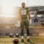 Trevon Diggs standing confidently in Packers green with a football at his feet and a blurred Cowboys logo in background