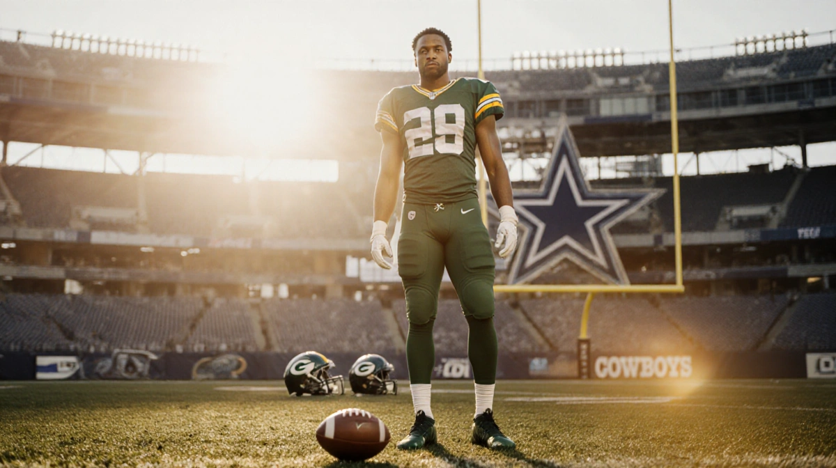 Trevon Diggs standing confidently in Packers green with a football at his feet and a blurred Cowboys logo in background