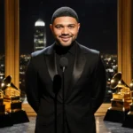Trevor Noah stands at microphone with Grammy Awards and gold trophies on dark stage