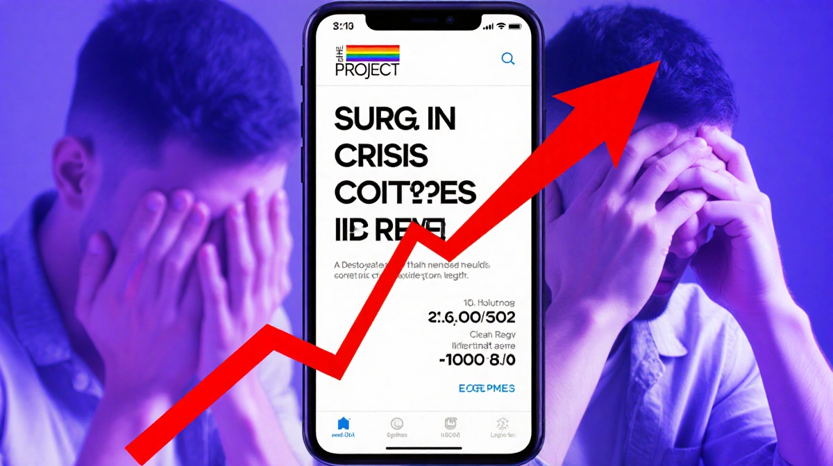 Smartphone screen shows Trevor Project crisis hotline surge with red upward arrow and distressed person blurred in background