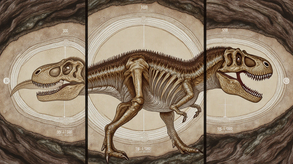 Tyrannosaurus Rex growing through life stages with ring markings showing age progression from juvenile to adult