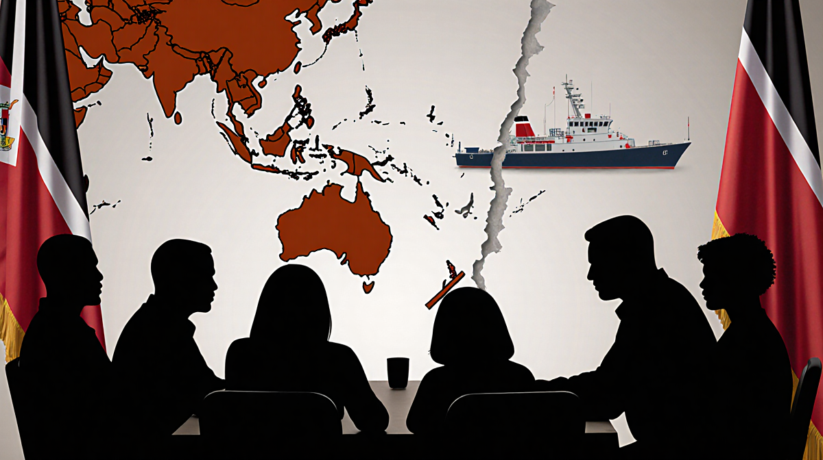Family gathering around a table with a faded Caribbean map showing tears and silhouettes of Trinidadian men surrounded by fla
