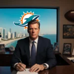 Troy Aikman sits at a Miami Dolphins desk holding a notepad with a cityscape view and a football screen showing the Dolphins