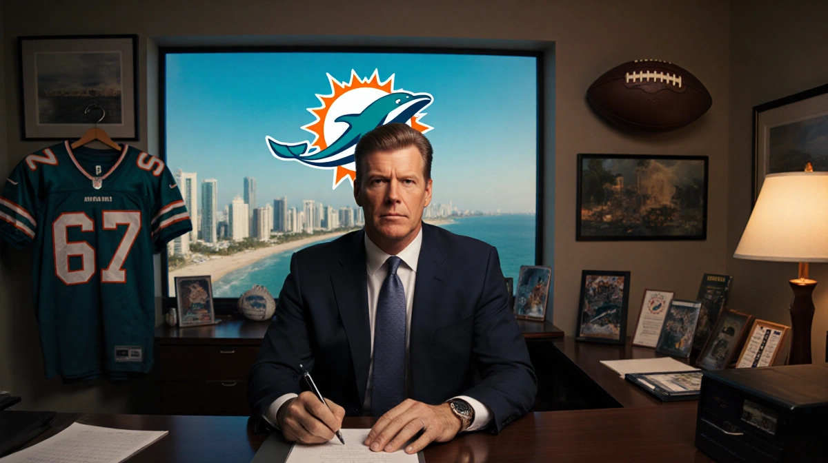 Troy Aikman sits at a Miami Dolphins desk holding a notepad with a cityscape view and a football screen showing the Dolphins