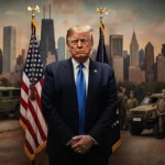 President Trump standing with hands clasped near an American flag and abandoned National Guard vehicles in the background