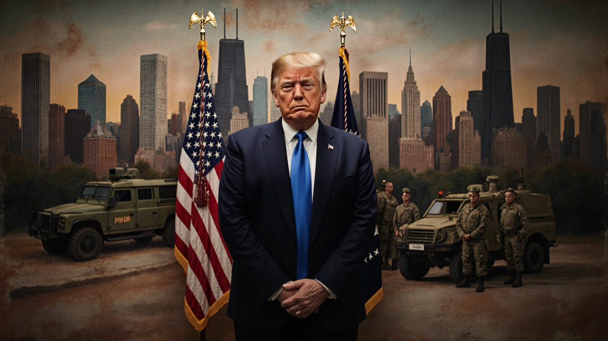 President Trump standing with hands clasped near an American flag and abandoned National Guard vehicles in the background