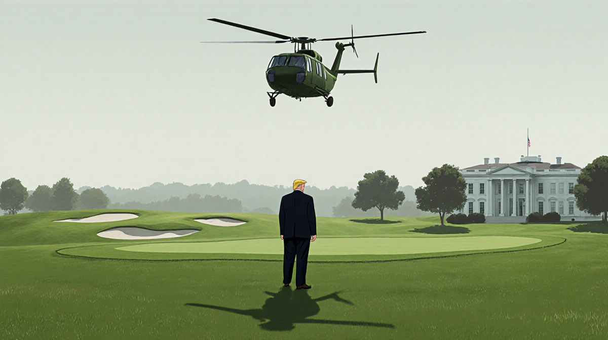 Donald Trump standing alone on Andrews Air Force Base field with a faint helicopter shadow above and a golf course outline in