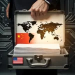 Hand holding metallic briefcase with American flag and glowing documents showing China and US maps