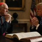 Cardinal and Trump discussing policy with open book on table showing moral compass and foreign policy