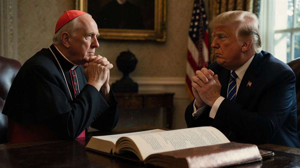 Cardinal and Trump discussing policy with open book on table showing moral compass and foreign policy