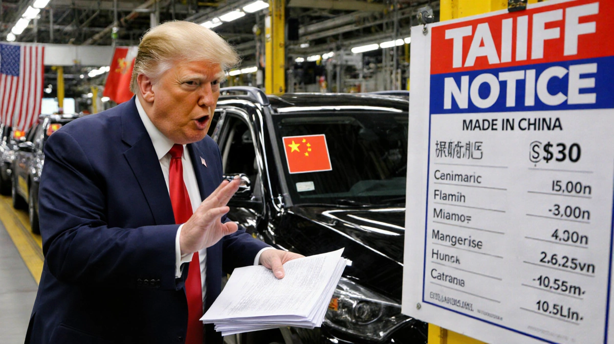 Donald Trump gesturing at Chinese-made vehicles on assembly line with tariff documents and American flag behind