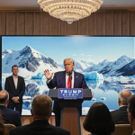 Donald Trump gesturing to a screen showing Greenland