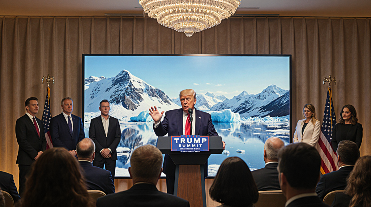 Donald Trump gesturing to a screen showing Greenland