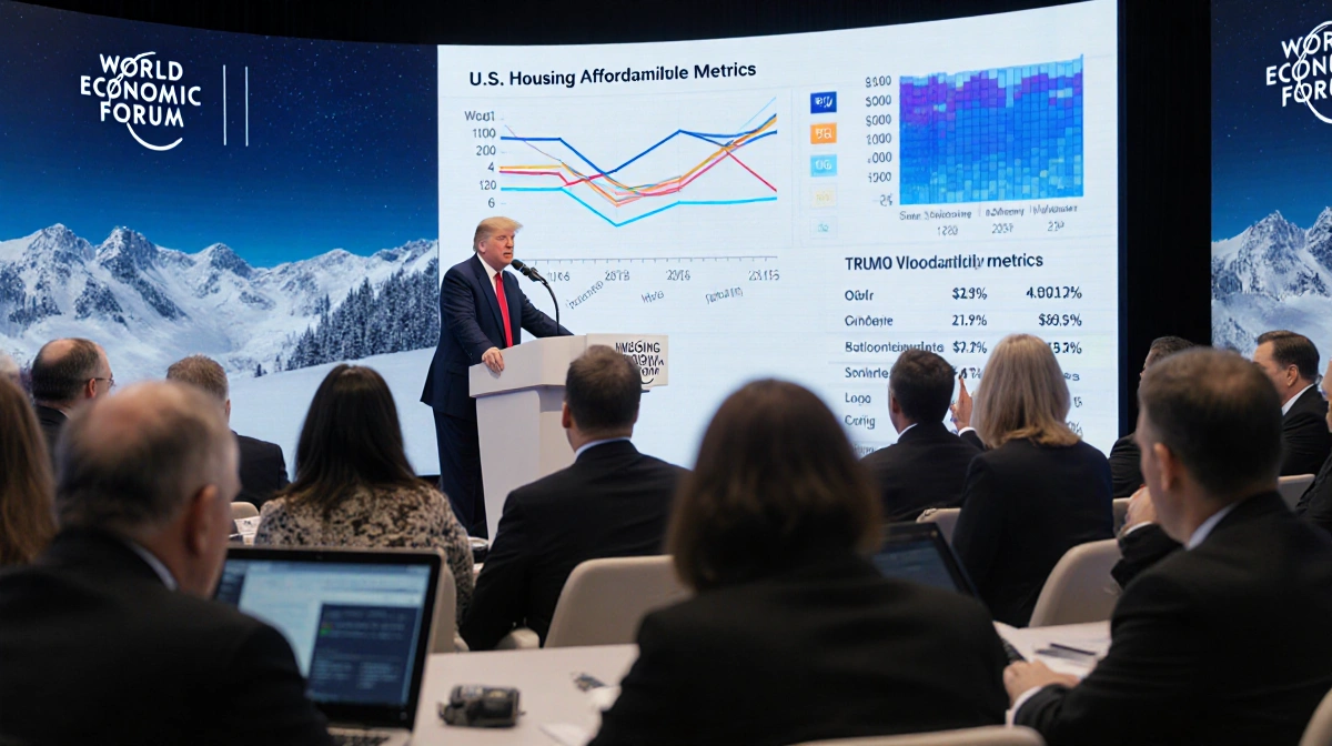 Trump speaking at Davos conference podium with global leaders and housing data on screen behind