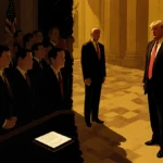 Senate chamber shows divided senators with Trump standing alone at desk and glowing document