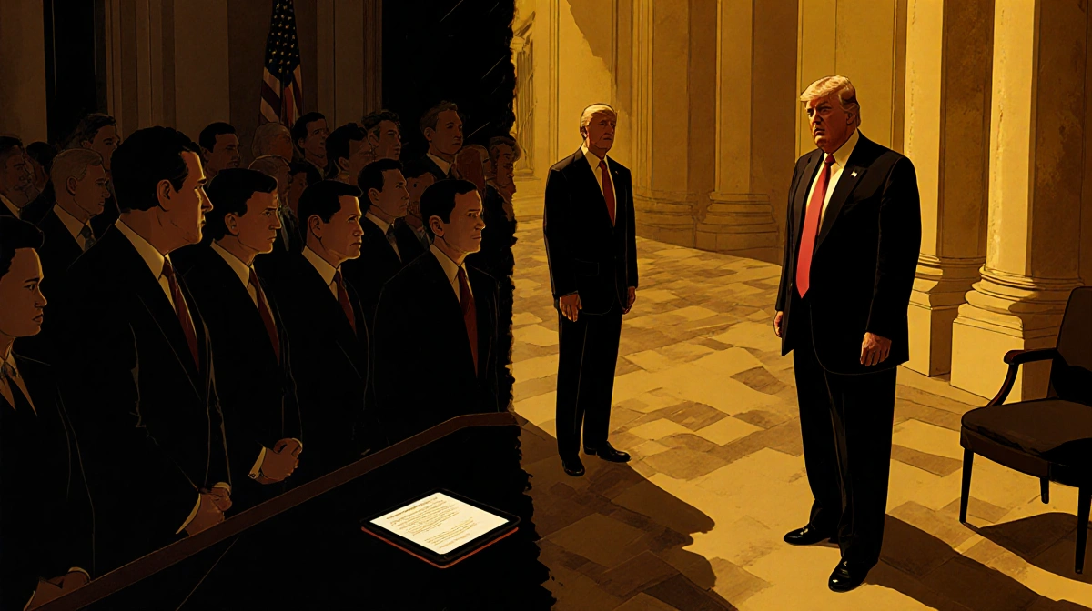 Senate chamber shows divided senators with Trump standing alone at desk and glowing document