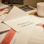 Envelope reveals phone number scribbled on paper with Trump face visible and documents piled on cluttered desk