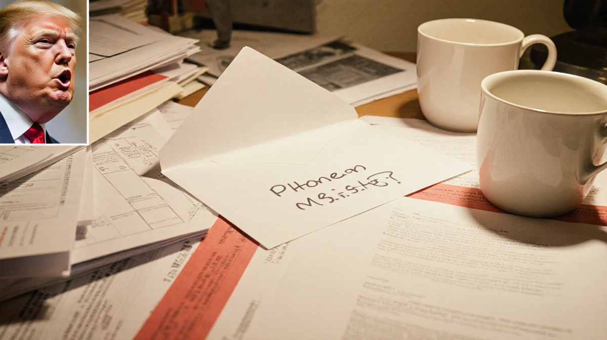 Envelope reveals phone number scribbled on paper with Trump face visible and documents piled on cluttered desk