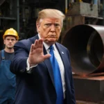 Donald Trump gesturing dismissively at Ford steel factory with workers watching and industrial lighting