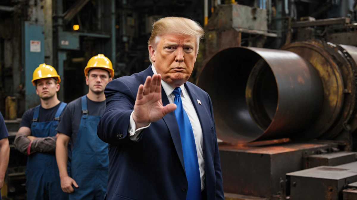 Donald Trump gesturing dismissively at Ford steel factory with workers watching and industrial lighting