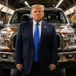 President Trump stands before a Ford F-150 pickup truck with factory workers and assembly line equipment in the background