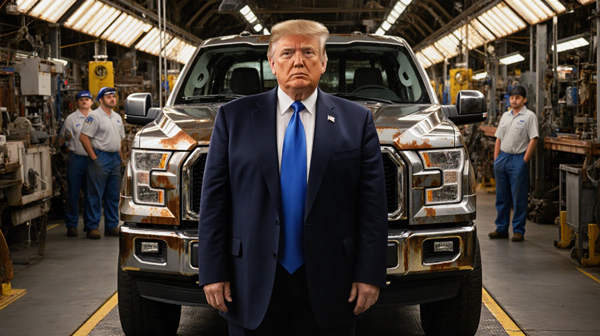 President Trump stands before a Ford F-150 pickup truck with factory workers and assembly line equipment in the background