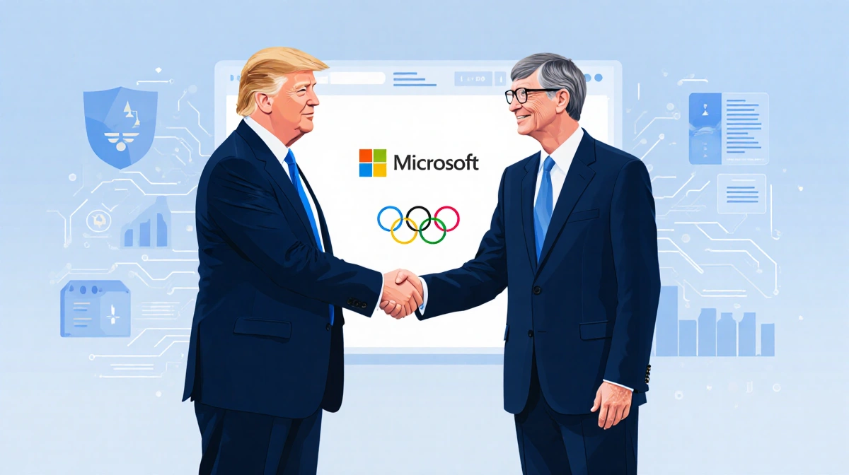 Donald Trump shaking hands with Bill Gates with Microsoft and Ozempz logos visible behind them