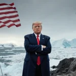 Trump stands with arms crossed at Greenland coastline with American flag waving and Danish flag drooping