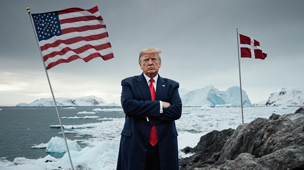 Trump stands with arms crossed at Greenland coastline with American flag waving and Danish flag drooping