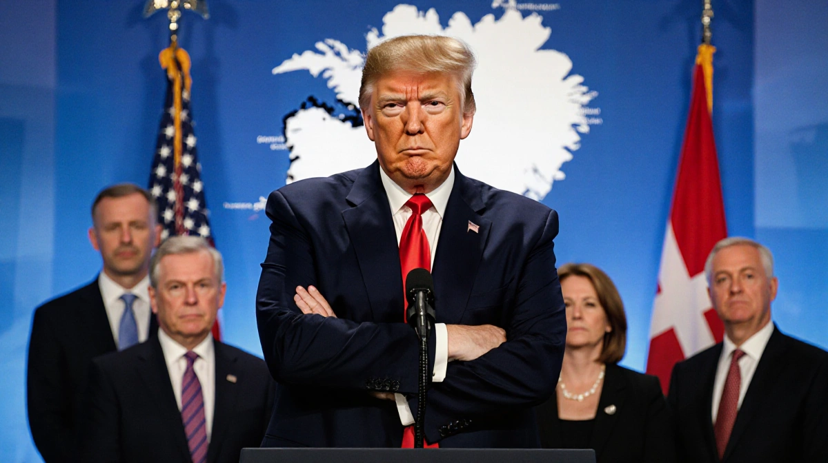 Donald Trump stands sternly at podium with Greenland map and nervous delegation behind