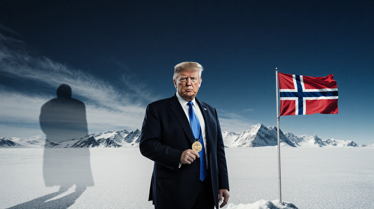 Donald Trump stands alone in Greenland holding Nobel Peace Prize medal with Norwegian flag waving behind him