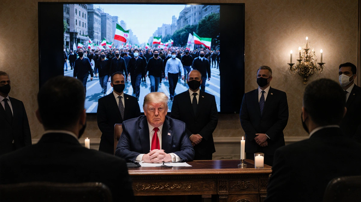 President Trump sits at wooden desk with advisors watching Tehran protest footage on screen