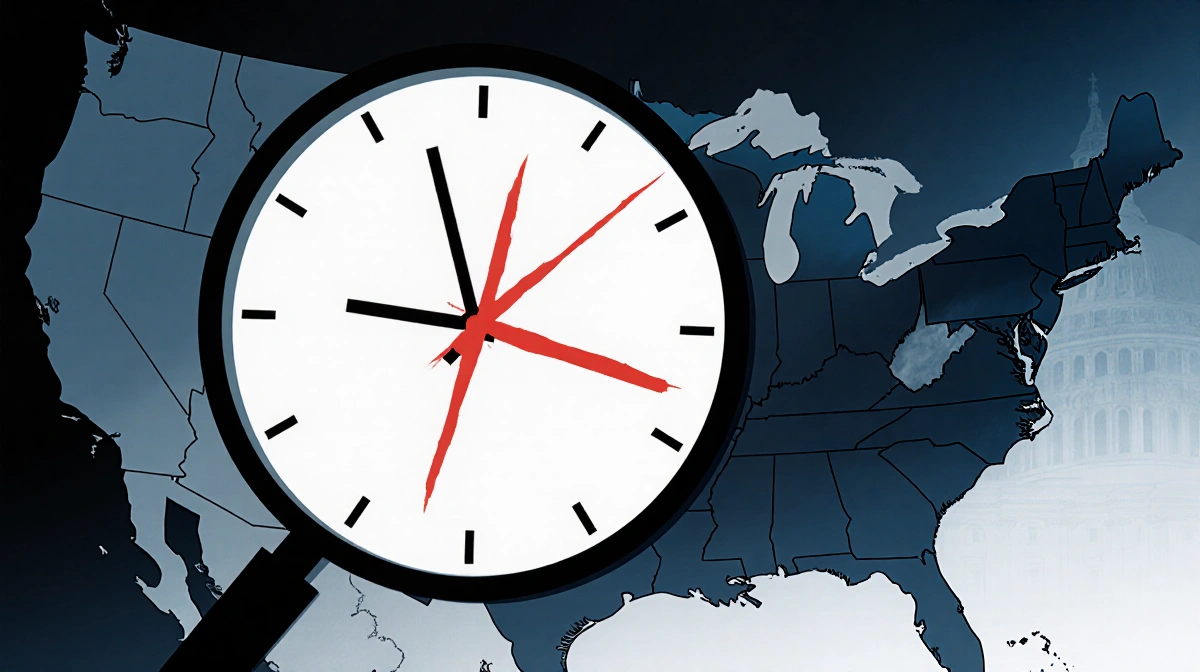 Red X marks a clock to symbolize Trump's January 6 departure with a faded US map highlighting Washington DC.