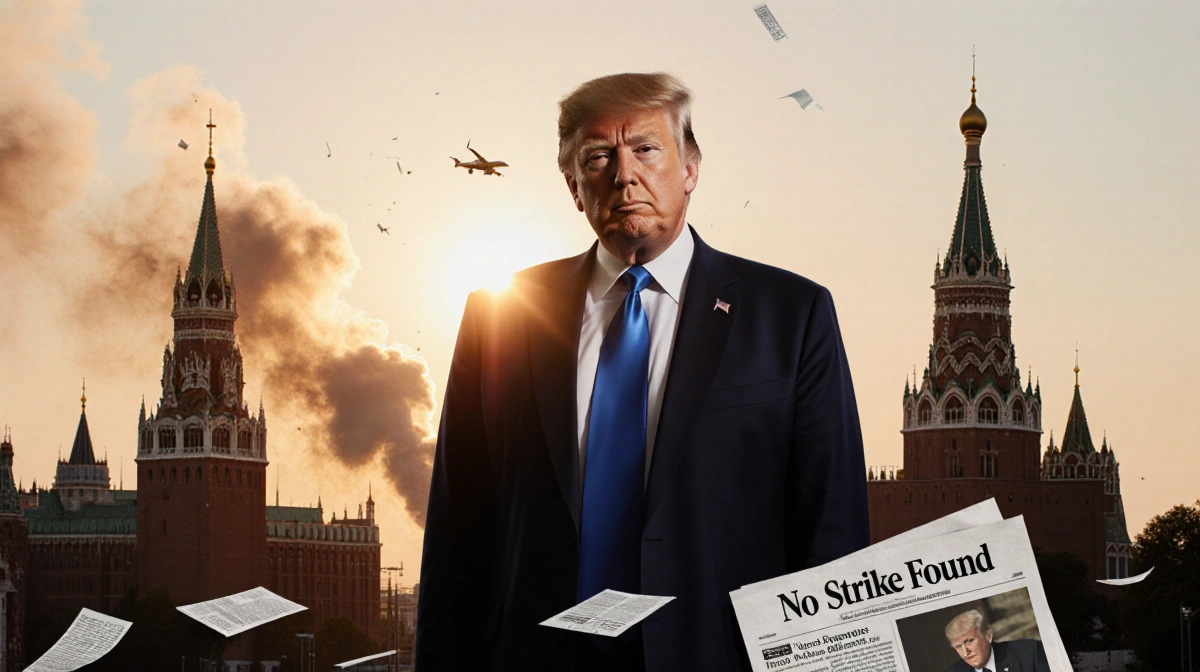 Trump stands with a Kremlin building and smoke behind him while documents with headline No Strike Found lie on ground