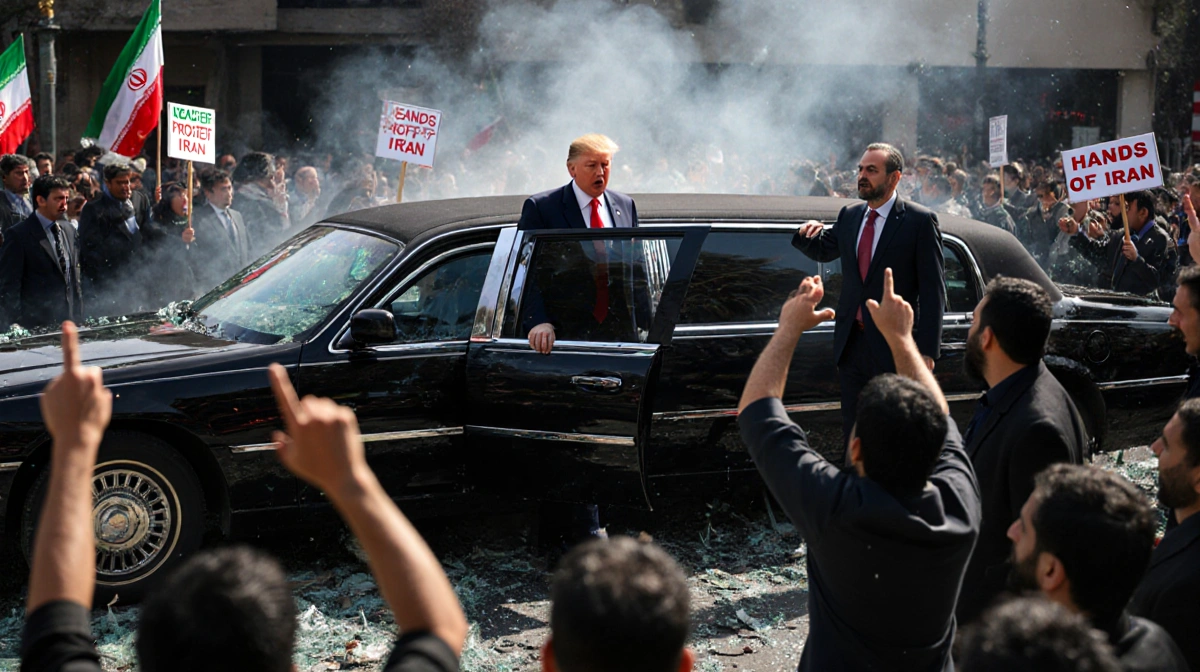 Trump staring sternly at his presidential limo with protesters holding signs and Iranian officials gesturing angrily behind.