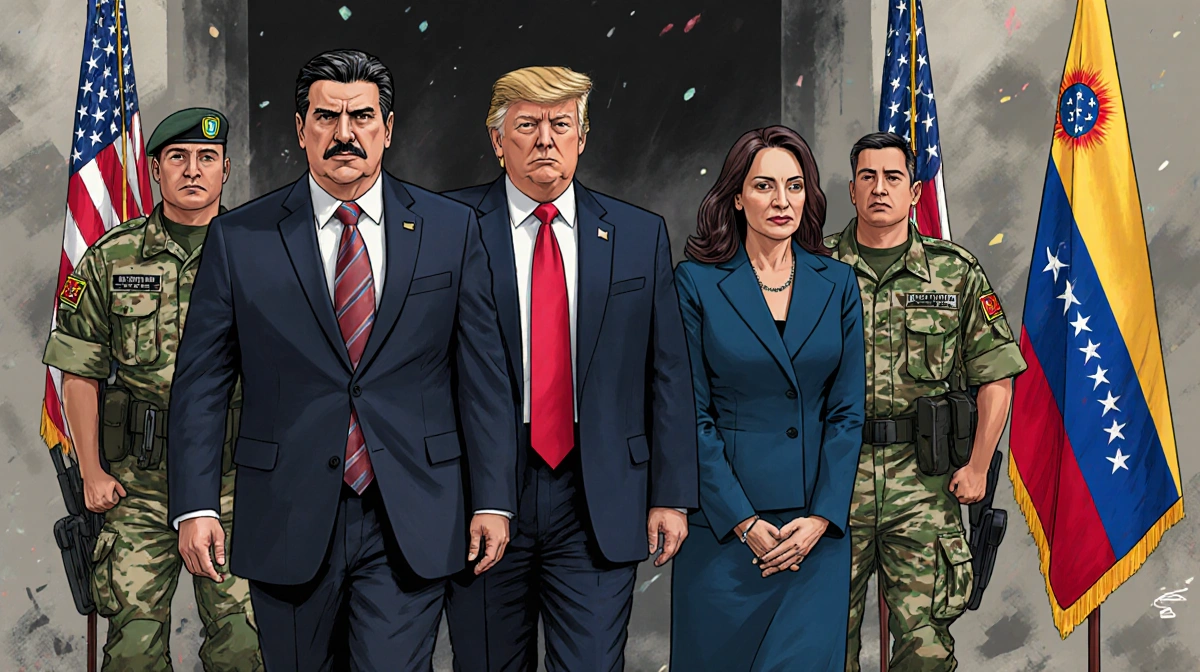 U.S. forces escorting Maduro and his wife from Venezuela with Trump standing sternly behind them and American flags visible