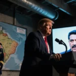 President Trump stands podium with map of Venezuela behind Maduro